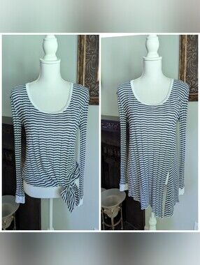 THREE DOTS Women's Small Long Sleeve Striped Sheer T-shirt Split Hem / Tie Waist